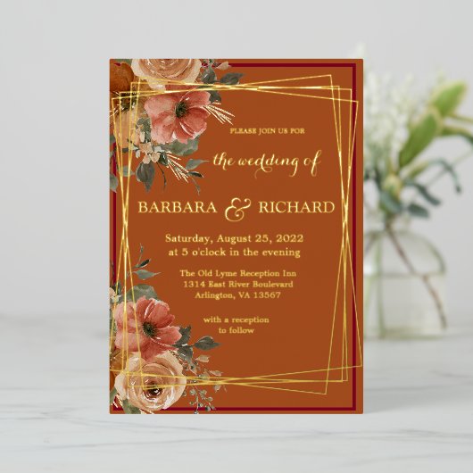 Terracotta Boho Fall Floral Folieneinladung (Stehend vorne)