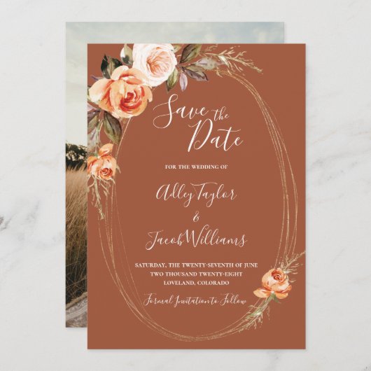 Terracotta Boho Fall Floral Foto Hochzeit Save The Date (Vorne/Hinten)