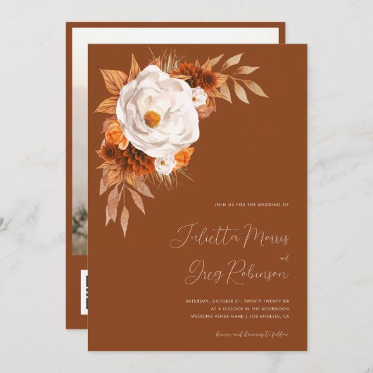 Terracotta Boho Fall Floral QR Code Foto Wedding Einladung (Vorne/Hinten)