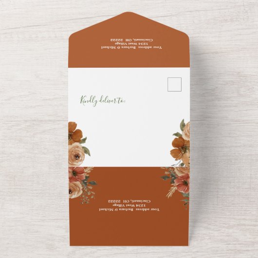 Terracotta Boho Fall Wasserfarbenprägung Hochzeits All In One Einladung (Außenbereich)