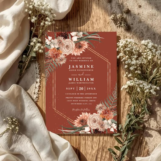 Terracotta Boho Floral Elegant QR Code Wedding Einladung