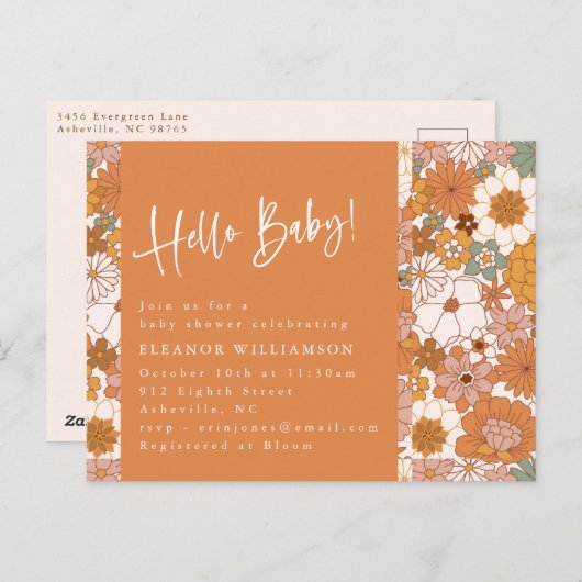 Terracotta Boho Floral Hello Baby Niedliche Dusche Postkarte (Vorne/Hinten)