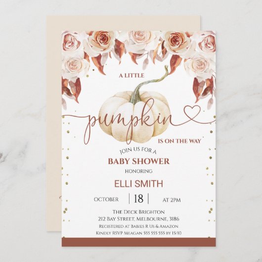 Terracotta Boho Floral Little Pumpkin Baby Dusche Einladung (Vorne/Hinten)