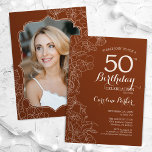 Terracotta Boho Foto 50. Geburtstagsparty Einladung<br><div class="desc">Terracotta Boho Foto 50. Geburtstagsparty Einladung. Minimalistisches modernes Design mit botanischen Konturen Zeichnungen Akzente und Typografie Drehbuch Schriftart. Einfache,  trendige Einladungskarte für eine stilvolle Damenfeier. Kann für jedes Alter angepasst werden. Gedruckte Zazzle Einladungen oder Sofortdownload digitalen druckbaren Vorlage.</div>