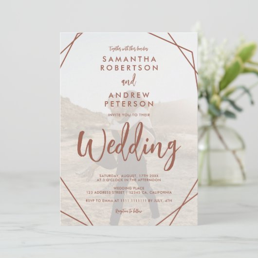 Terracotta boho Frame Foto Skript Qr Code Hochzeit Einladung (Stehend Vorderseite)