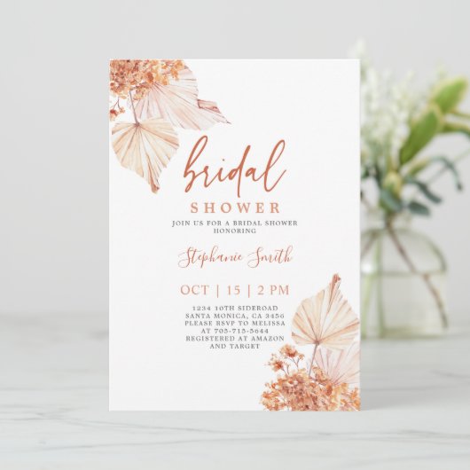 Terracotta boho getrocknete Palmen Brautparty Einladung (Stehend Vorderseite)