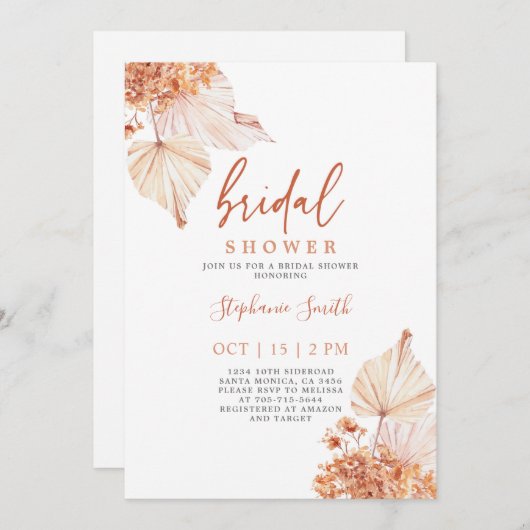 Terracotta boho getrocknete Palmen Brautparty Einladung (Vorne/Hinten)