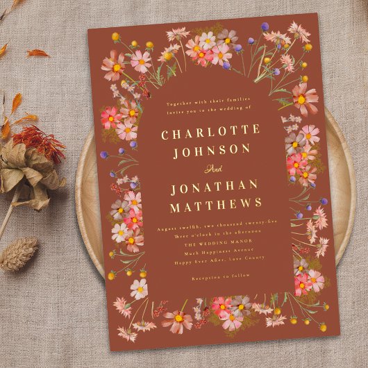 Terracotta Boho Hochzeit im Herbst Florenz Folieneinladung