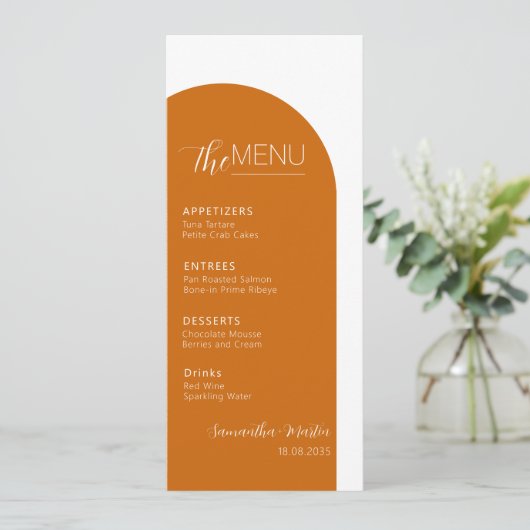 Terracotta Boho Minimal Script Wedding Menu Menükarte (Stehend Vorderseite)