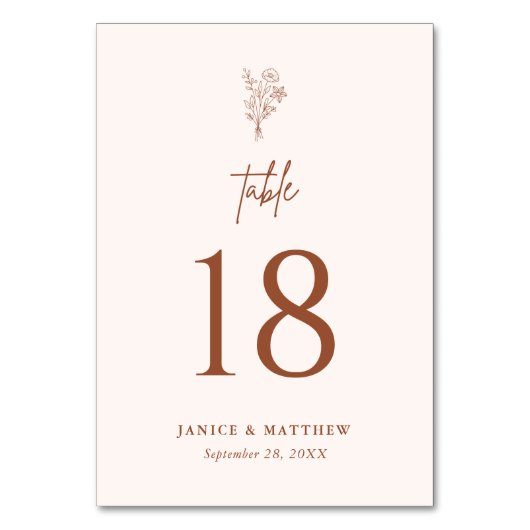 Terracotta Boho Minimalistisch Botanicals Hochzeit Tischnummer (Vorderseite)