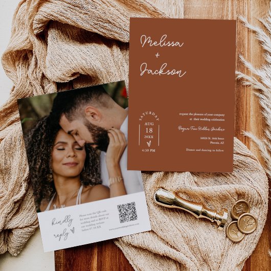 Terracotta Boho Minimalistisch Wedding QR Code Fot Einladung