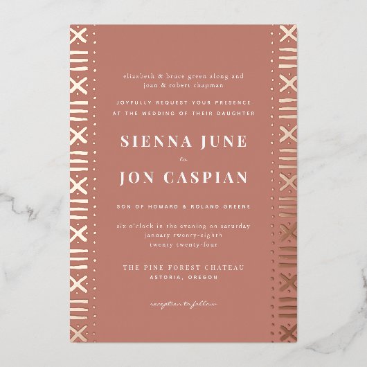 Terracotta Boho Mudcloth Border Foil Einladung (Vorderseite)