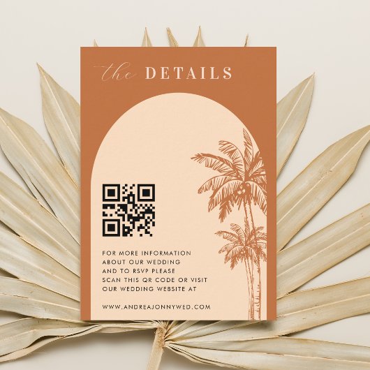 Terracotta Boho Palm Trees QR Code Details Hochzei Begleitkarte