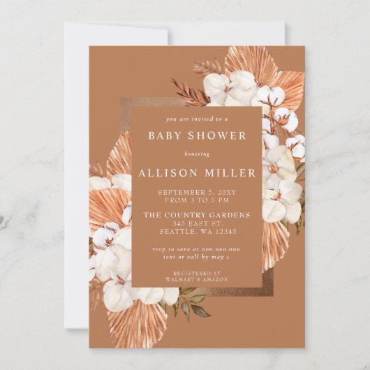 Terracotta Boho Pampas Gender Neutral Baby Dusche Einladung (Vorderseite)
