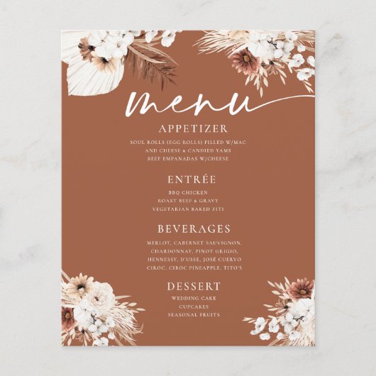 Terracotta Boho Pampas Gras Wedding Flat Menu (Vorderseite)