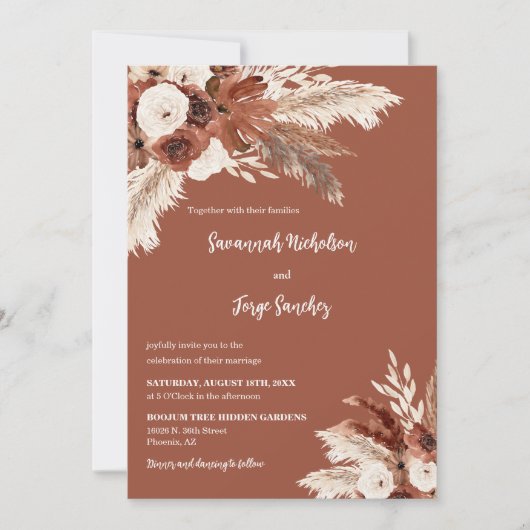 Terracotta Boho Pampas Grass Arch Foto QR Code Einladung (Vorderseite)