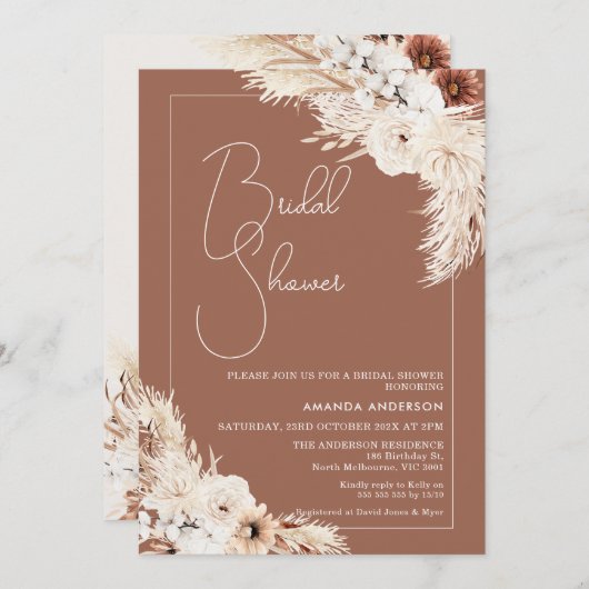 Terracotta Boho Pampas Grass Brautparty Einladung (Vorne/Hinten)