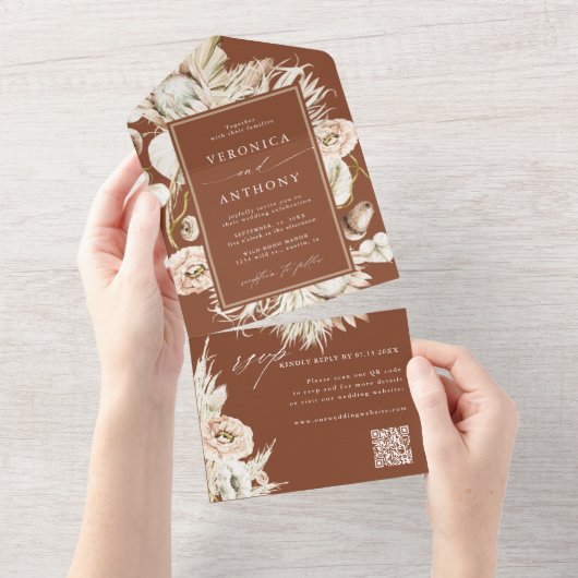 Terracotta Boho Pampas Grass Wedding QR Code All In One Einladung (Abreißen)