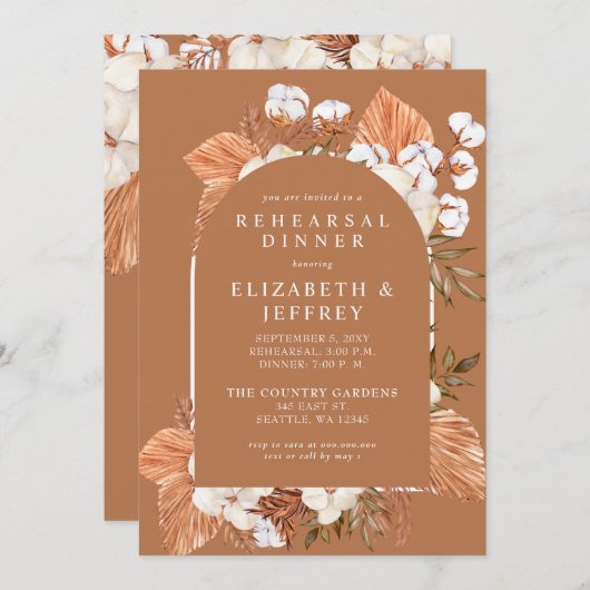 Terracotta Boho Pampas Probe Abendessen Einladung (Vorne/Hinten)