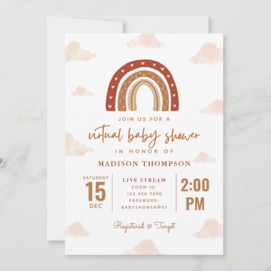 Terracotta Boho Rainbow Clouds Virtual Baby Dusche Einladung (Vorderseite)