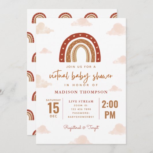 Terracotta Boho Rainbow Clouds Virtual Baby Dusche Einladung (Vorne/Hinten)