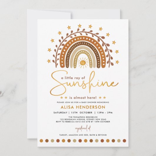 Terracotta Boho Rainbow & Sunshine Baby Dusche Einladung (Vorderseite)