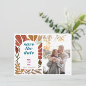 Terracotta Boho Retro Bright Floral Wedding Foto Save The Date (Stehend Vorderseite)