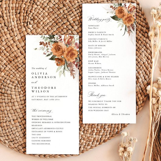Terracotta Boho Rose Floral Wedding Ceremony Programm