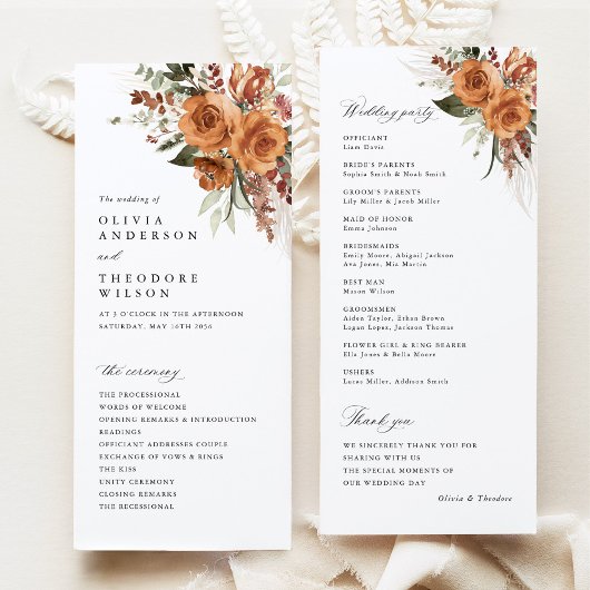 Terracotta Boho Rose Floral Wedding Ceremony Programm