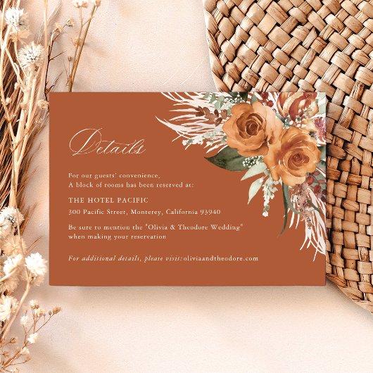 Terracotta Boho Rose Floral Wedding Details Hotel Begleitkarte
