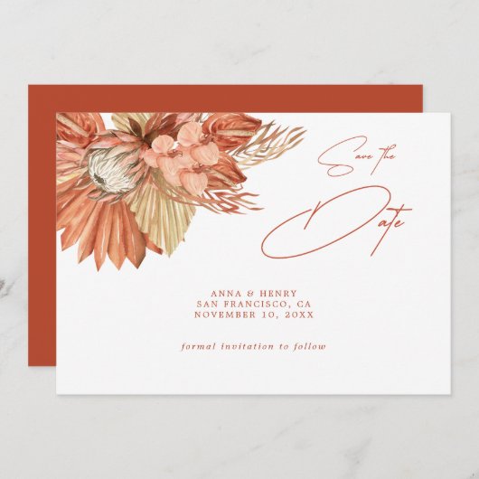 Terracotta Boho Save the Date Blumenpampas (Vorne/Hinten)