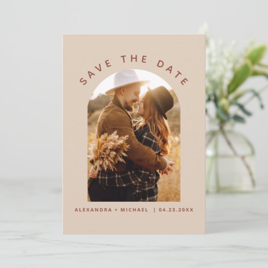 Terracotta Boho Save the Date Foto Art (Stehend Vorderseite)