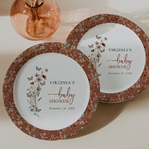 Terracotta Boho Wildblume Babydusche Pappteller