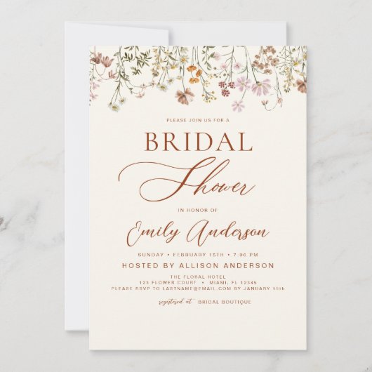 Terracotta Boho Wildblume Brautparty Script Einladung (Vorderseite)