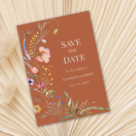 Terracotta Boho Wildblumen Save the Date Karte
