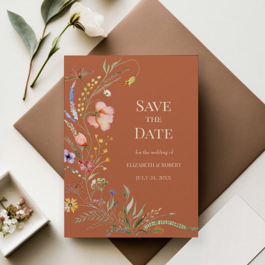 Terracotta Boho Wildblumen Save the Date Karte