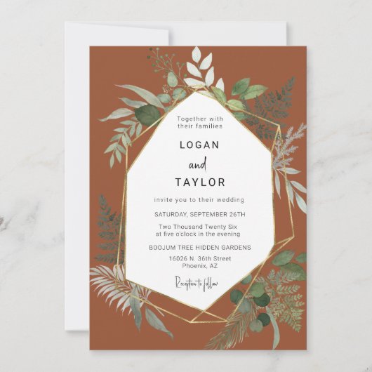 Terracotta Botanische Vegetation Gold QR Code Foto Einladung (Vorderseite)