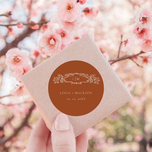 Terracotta Botanisches Wappen Monogramm Hochzeit Runder Aufkleber