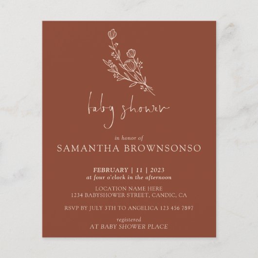 Terracotta Bouquet Botanical Budget Baby Dusche Flyer (Vorne)