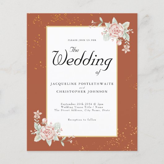 Terracotta Budget Hochzeit Einladung Pink Peony Flyer (Vorne)