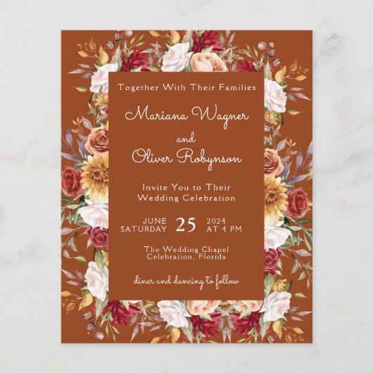 Terracotta Budget Moderne Herbstblumenhochzeit (Vorderseite)