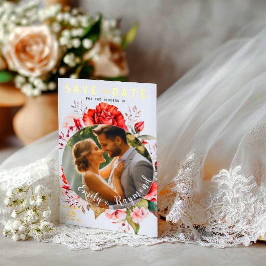 Terracotta Burgundy Blush Floral Wedding Photo Folieneinladung