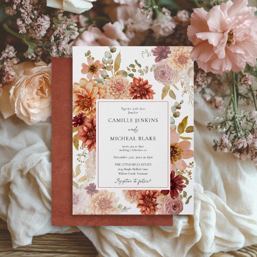 Terracotta Burgundy Fall Floral Wedding Invitation Einladung