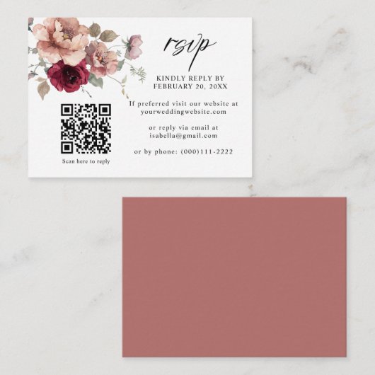 Terracotta Burgundy Floral QR Code Wedding RSVP Begleitkarte (Vorne/Hinten)