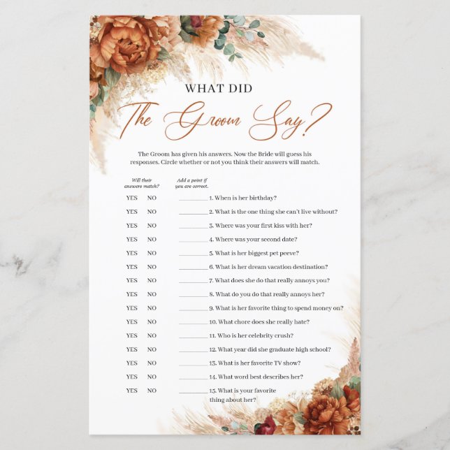 Terracotta burgundy floral Was hat der Bräutigam g (Vorderseite)