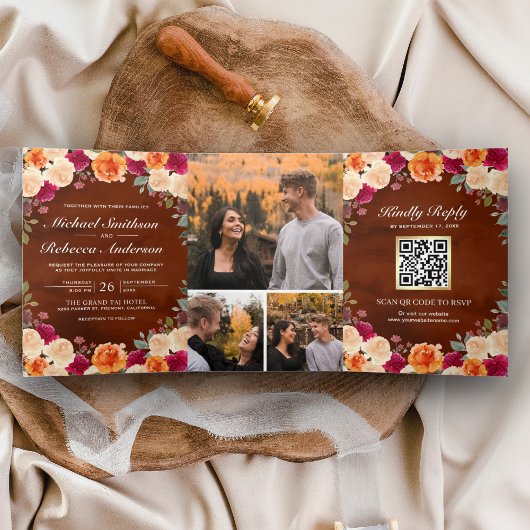 Terracotta Burgundy Foto QR Code Wedding Dreifach Gefaltete Einladung