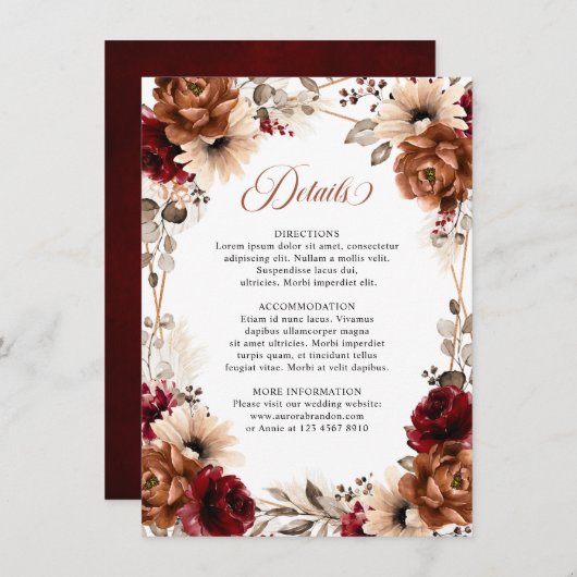 Terracotta Burgundy Mauve Floral Geometric Wedding Begleitkarte (Vorne/Hinten)