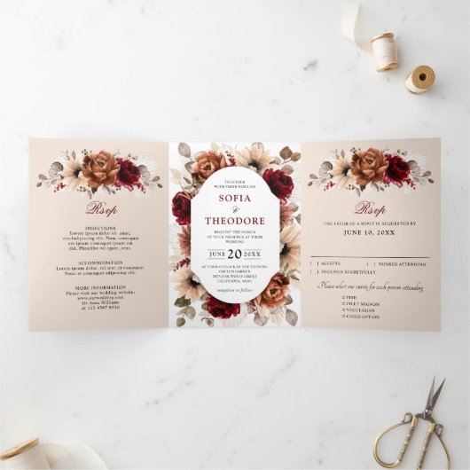Terracotta Burgundy Mauve Floral Geometric Wedding Dreifach Gefaltete Ankündigung (Innenseite)