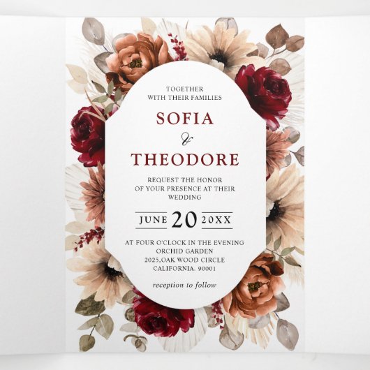 Terracotta Burgundy Mauve Floral Geometric Wedding Dreifach Gefaltete Ankündigung (Innenseite Mitte)