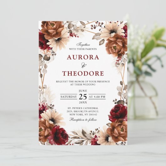 Terracotta Burgundy Mauve Floral Geometric Wedding Einladung (Stehend Vorderseite)